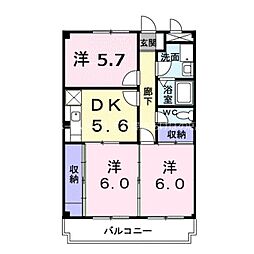 牛川ヒルズ 3階3DKの間取り