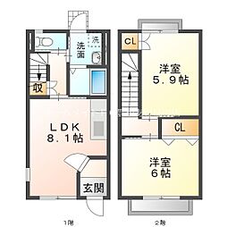 ハートブランシェB 1階2LDKの間取り