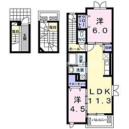 プレザンス中浜 3階2LDKの間取り