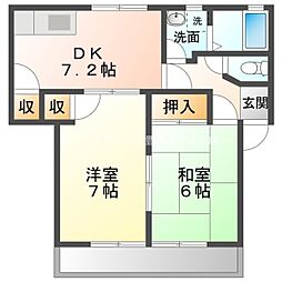 シルクヴェールフジＢ棟 2階2DKの間取り