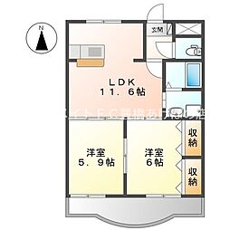 ルシード黒下 2階2LDKの間取り
