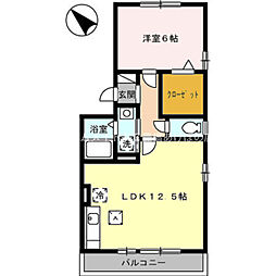 クルワシュード 1階1LDKの間取り