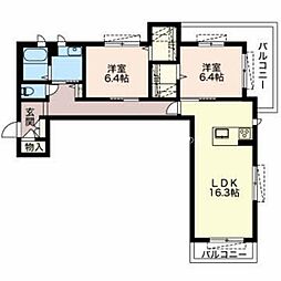 ラキャシェット北村 2LDKの間取図画像