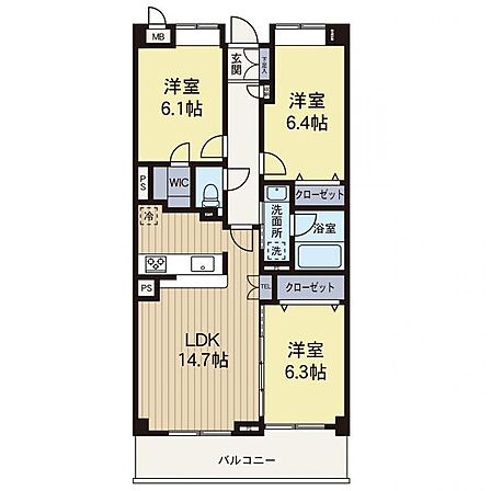 【間取り図】陽当たりが良い3LDKの間取りです。