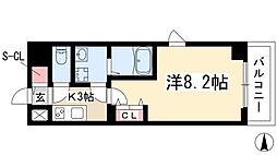 レジデンスSUN.K 8階1Kの間取り