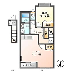 高尾崎 NEW TOWN　La・Ｔｅｒｒｅ E 2階1LDKの間取り