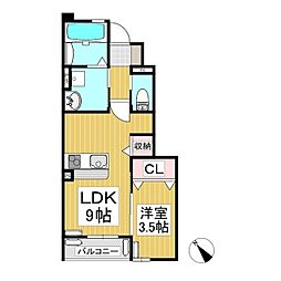 カリン 1階1LDKの間取り