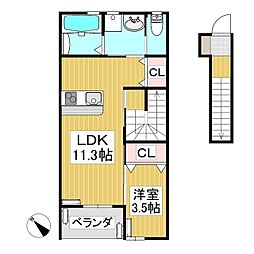 カリン 2階1LDKの間取り