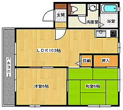 グランドハイツII 2階2LDKの間取り