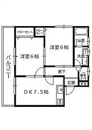 ファミリオ中田 2階2DKの間取り