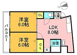 平和ビル 9階2LDKの間取り