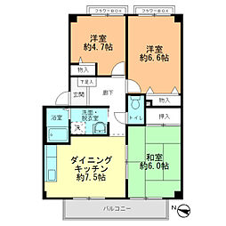 フォブール八木Ｃ 202 2階3DKの間取り
