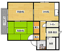 カレッジ東野B棟 2階2DKの間取り