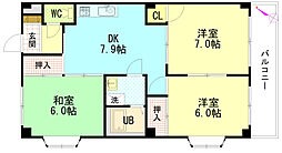 セントラルリバーB棟 1階3DKの間取り