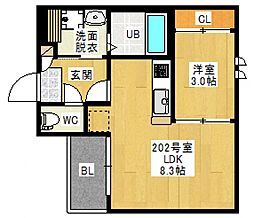 REGALEST宇品神田I 202 2階1LDKの間取り