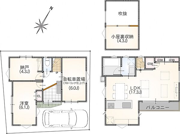 B区画 参考プラン　1SLDK＆自転車置き場＆駐車場　建物面積 71.95ｍ2(自転車置き場7.09m2含む)　建
