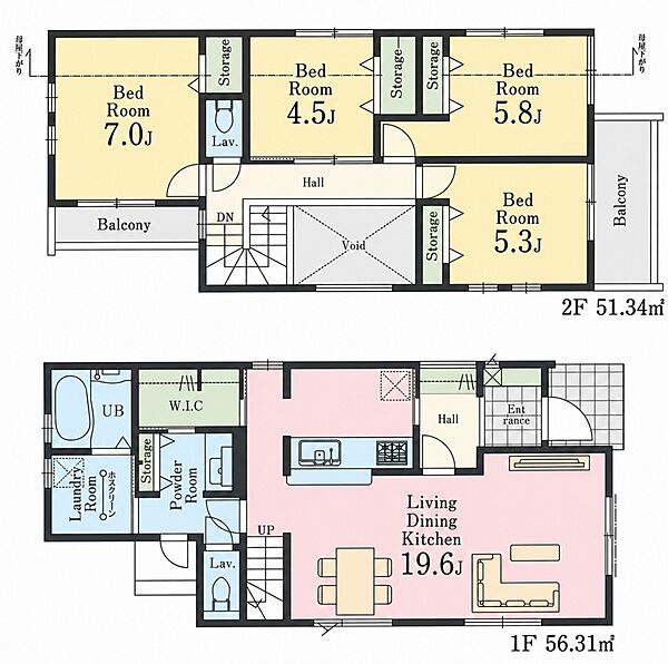 建物プラン例(A区画)4LDK、土地価格1億480万円、土地面積146.01m2、建物価格2400万円、建物面積107.65m2、