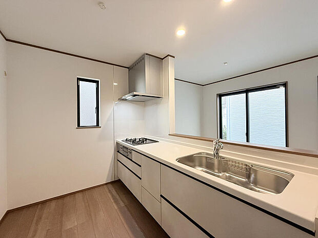 カウンター人造大理石、浄水機能付き混合水栓付きのシステムキッチンです。