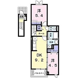 クレール石田 2階2DKの間取り