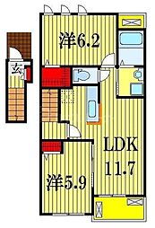 JR武蔵野線 船橋法典駅 徒歩22分の賃貸マンション 2階2LDKの間取り
