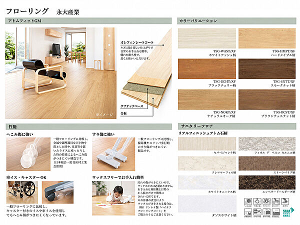 建物プラン例　建物価格　2460万円、建物面積81.66m2　傷や汚れに強く、ワックスがけ不要でお手入れラクラク。美しい木目柄と優れた耐久性を備え、家族みんなが快適に暮らせる高機能フローリング。