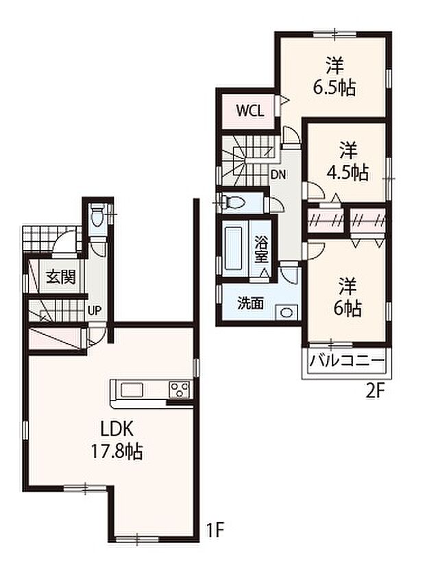 洗面室や浴室を2階に配し、LDKを広々確保した3LDK。全居室洋室仕様で統一感があり、お掃除も楽々！