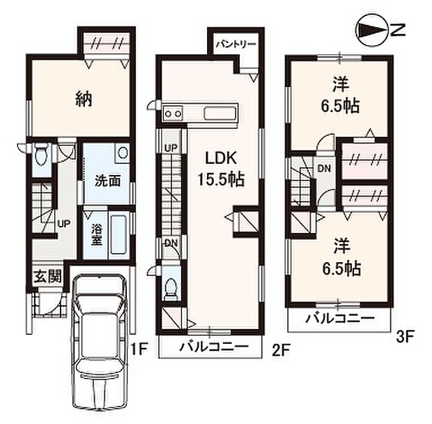 3階建て！LDKを2階に配した2SLDK。全居室洋室仕様で収納豊富！東向きバルコニー2面付き。