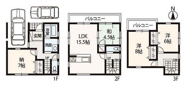 北向きバルコニーが二面備わった3SLDK。全居室に収納スペースを設け、お部屋を広くお使いいただけます