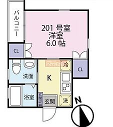 ノンナ ティー 2階1Kの間取り