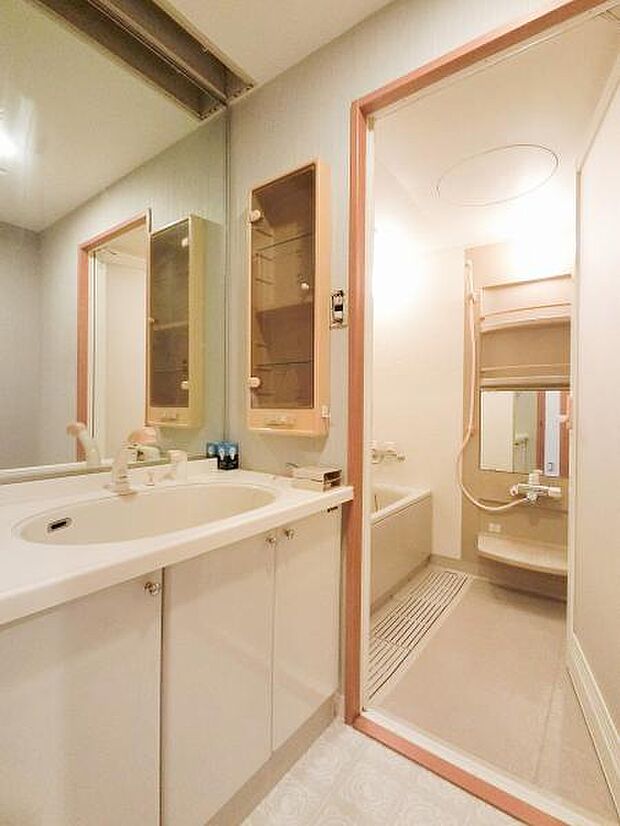 ゆとりの洗面スペースで朝の身支度もスムーズに。小物を仕舞える、扉付き収納が便利です。