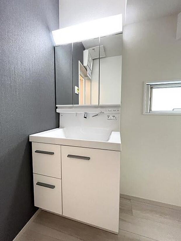 洗面化粧台はたくさんの小物をしまえる全収納タイプです。