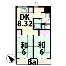 近江鉄道近江本線 水口城南駅 徒歩30分の賃貸マンション 3階2DKの間取り