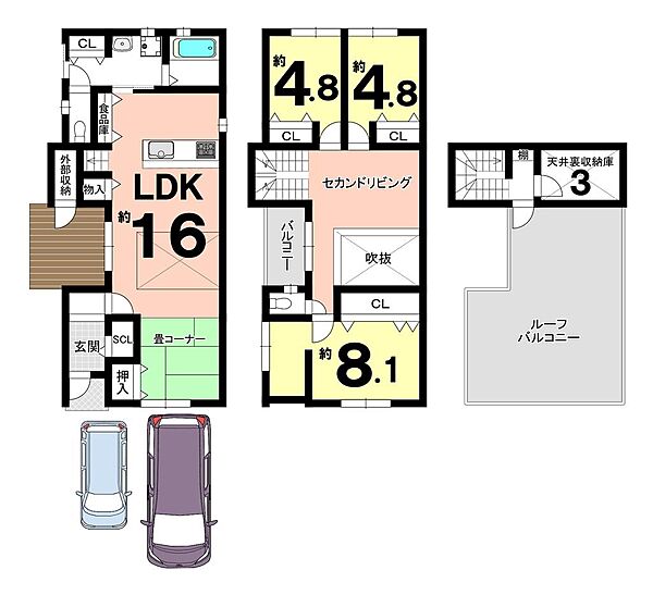 新築プラン例・木造2階建・3LDK・延床面積：107.92ｍ2・建物価格：2,250万円