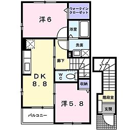 プロヴァンス木田　Ａ 2階2DKの間取り