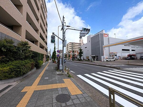 【前面道路】南側は川越街道に面しており広い歩道が整備されています。交通量が多いので騒音は現地でのチェックポイントですが夜遅くても安心です。向かいにはスーパーのオーケーがあり歩道を渡って徒歩1分です