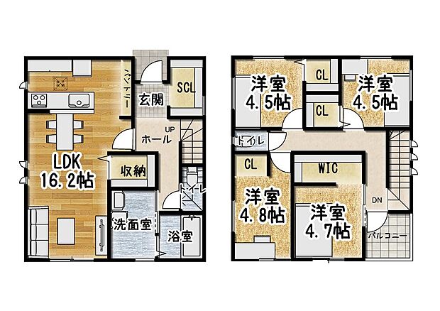 1階:LDK16.2帖+SCL/2階:洋室4室+WIC。4人家族にも対応できる充実の4LDK。