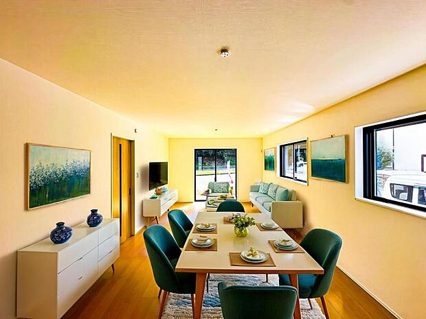 【南向きで明るく開放感のあるリビング：20帖】広いリビングは家族のだんらんはもちろん、お子様のリビング学習にもぴったり。また、家具等は販売価格に含まれません。