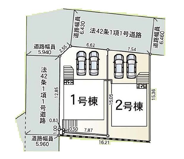 【全体区画図:カースペース並列 2 台可能】前面道路が広く、間口もゆったり。駐車が苦手なママもらくらく停められます