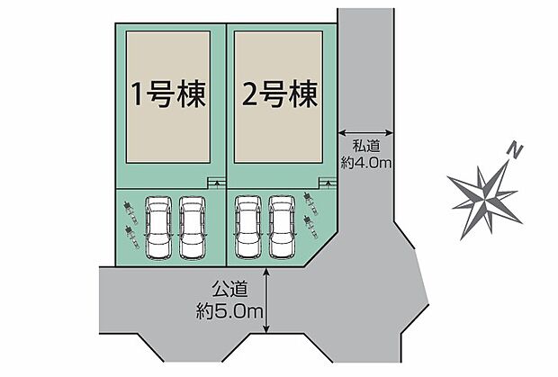 【全体区画図:カースペース並列 2 台可能】前面道路が広く、間口もゆったり。駐車が苦手なママもらくらく停められます