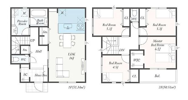 【間取り図：4LDK】広々とした洗面スペースが特徴の4LDKとなります。