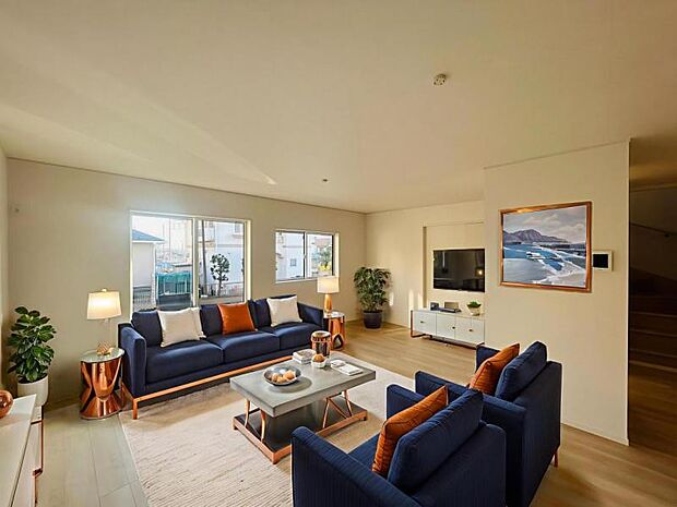 【リビング】静寂も喧騒も楽しめるご家族のお気に入りの大空間。いつまでもその場にいたくなる心地よさがご家族を繋げます。※家具等はCG合成となります。