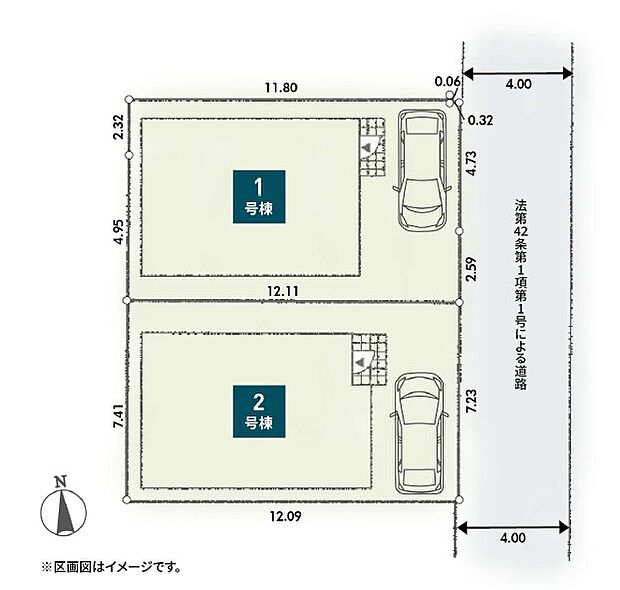 【全体区画図】各棟駐車スペース1台（車種による）の配置です。