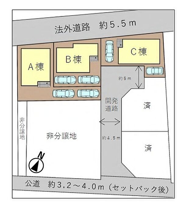 【区画図】全棟カースペース2台の配置です(車種による)