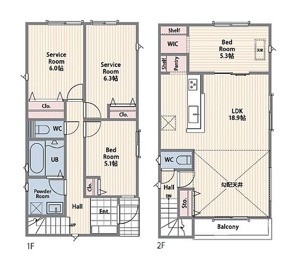 【間取り図:2SSLDK】うれしい大型WICや便利なパントリーに勾配天井など設計士拘りの間取りになっております。