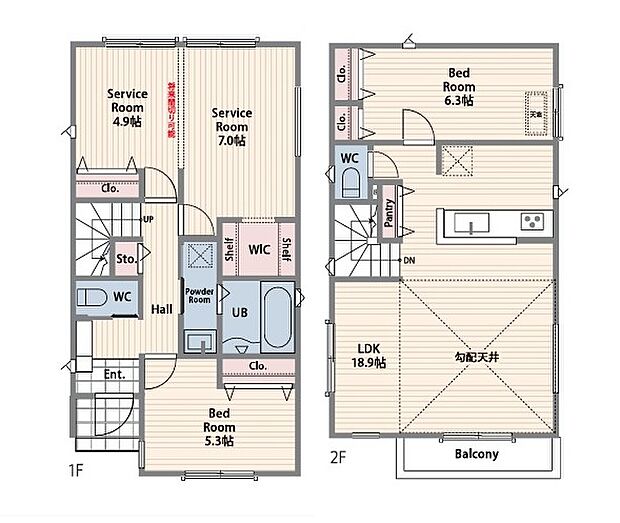 【間取り図：2SSLDK】うれしい大型WICや便利なパントリーに勾配天井など設計士拘りの間取りになっております。