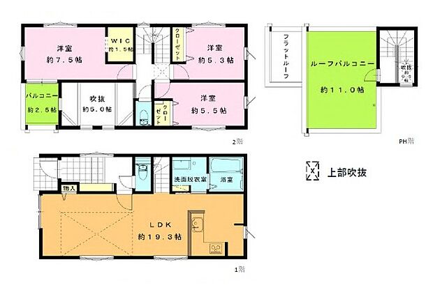【間取り図：3LDK】大きな吹き抜けのあるデザイン性の高い3LDKの間取りです。