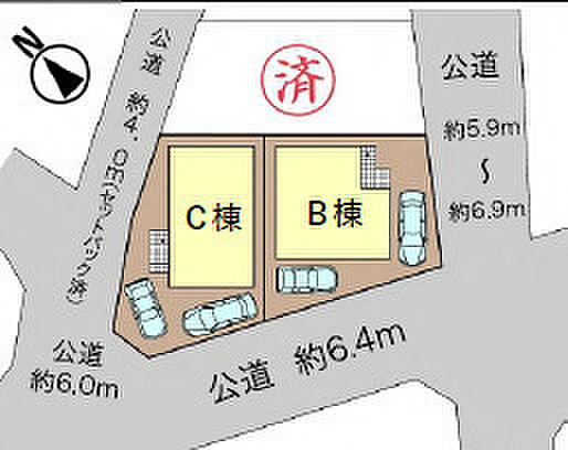 【全体区画図】来客時も安心なカースペース2台の配置となります。（車種による）