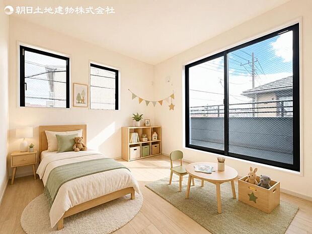 【子供部屋】バルコニーに面した掃出し窓があるため、光を取り込み明るいお部屋となっております。※家具等はCG合成です。