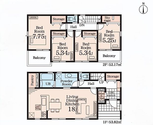 【間取り図】全居室5帖以上で収納豊富な4LDKの間取りです。