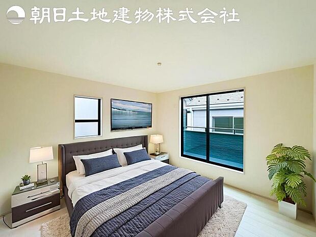 【寝室】時間がゆったりと流れるのを感じるプライベート空間です。リビングで楽しくすごしたあとはリラックスタイムを愉しめます。※家具等はCG合成となります。